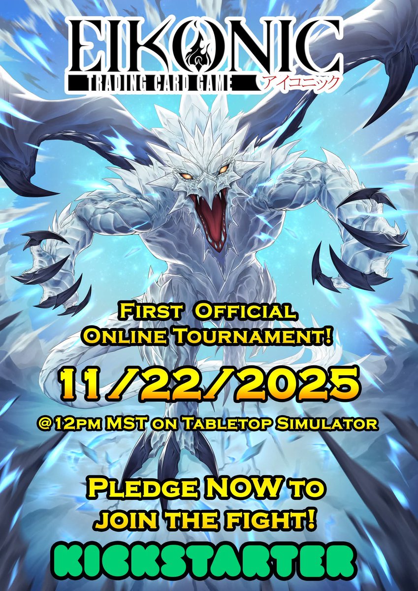 Eikonic TCG's first official online tournament takes place this Saturday at noon! (MST) All participants will have an additional booster pack added to their pledge

YOU MUST HAVE TABLETOP SIMULATOR  &amp; INTERNET ACCESS TO PARTICIPATE IN THIS EVENT

discord.com/events/1142541…