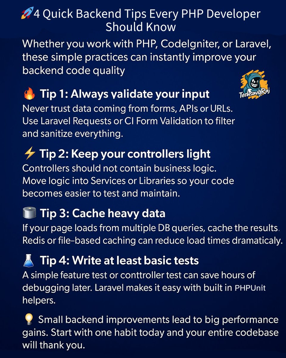 TechsavyRaj's tweet image. 🚀 4 Quick Backend Tips Every PHP Developer Should Know
#PHP #Laravel #CodeIgniter #BackendDevelopment #WebDevelopment #CleanCode #ProgrammingTips