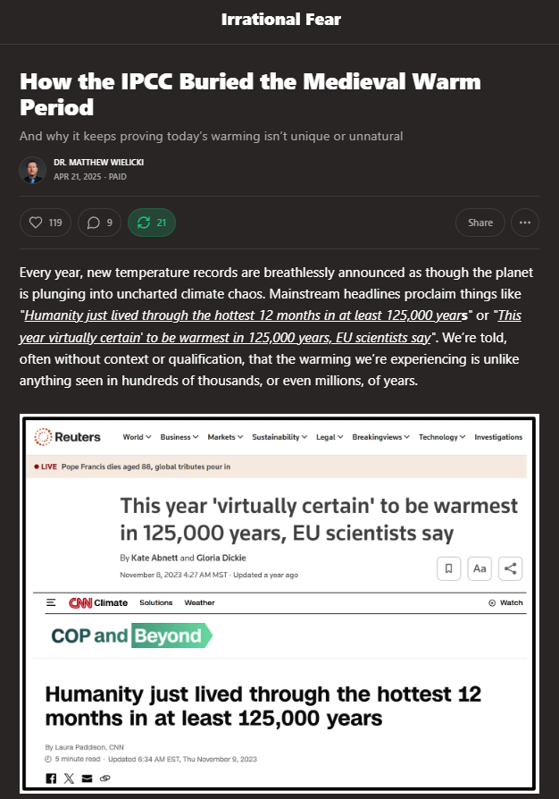 MatthewWielicki's tweet photo. “How the IPCC Buried the Medieval Warm Period”

Evidence shows Antarctica was warmer ~1,000 years ago with CO₂ at 280 ppm. So why call today’s warming “unprecedented”?

Read &amp; subscribe for more climate reality checks... Link in comments 👇 https://t.co/iHNfP9BIsU