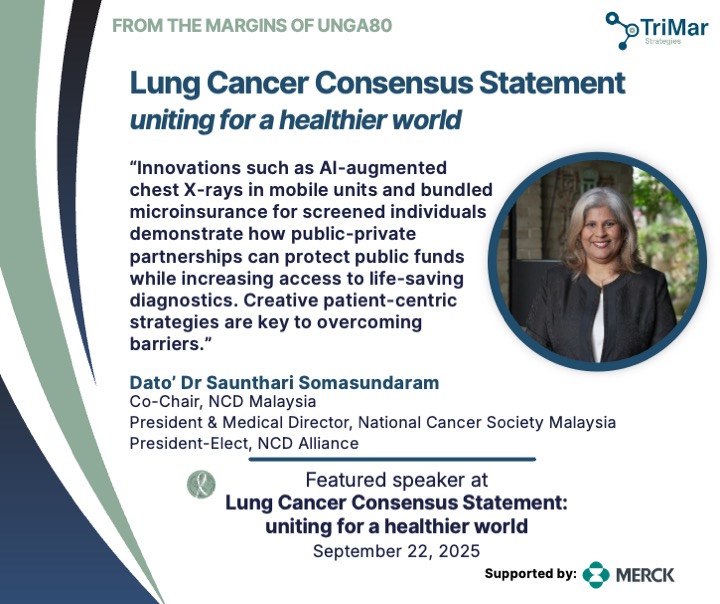 🫁 #LungCancerAwarenessMonth
Valued words from Dato' Dr Saunthari Somasundaram 
Her priorities:
🧭 Reframe #lungcancer within #lunghealth
🏥 Deliver innovation and access with #AI
🌐 Integrate lung cancer within #NCD strategies

#NCDMalaysia <a href="/ncdalliance/">NCD Alliance</a> @TriMarStrategie #UNGA80