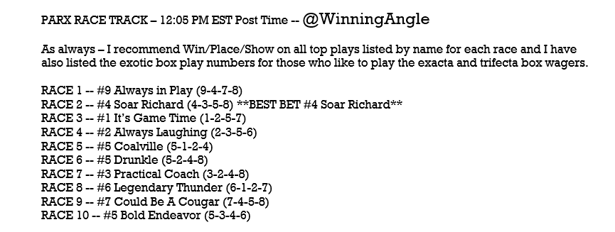 MONDAY PARX HORSES 🏇- Top Plays listed by name for each race (WPS) along with the exotic box play numbers for those that like the exacta/trifecta boxes.  Let's enjoy another fun day of racing and start this week off right!! #HorseRacing #Parx