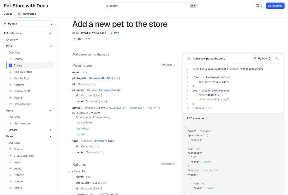 kevinwhinnery's tweet image. Each page in the API reference has a language-specific version, all generated automatically from your OpenAPI spec and Stainless config.

👏no👏more👏manual👏code👏snippets!👏

Every time you update your API, this documentation is updated.