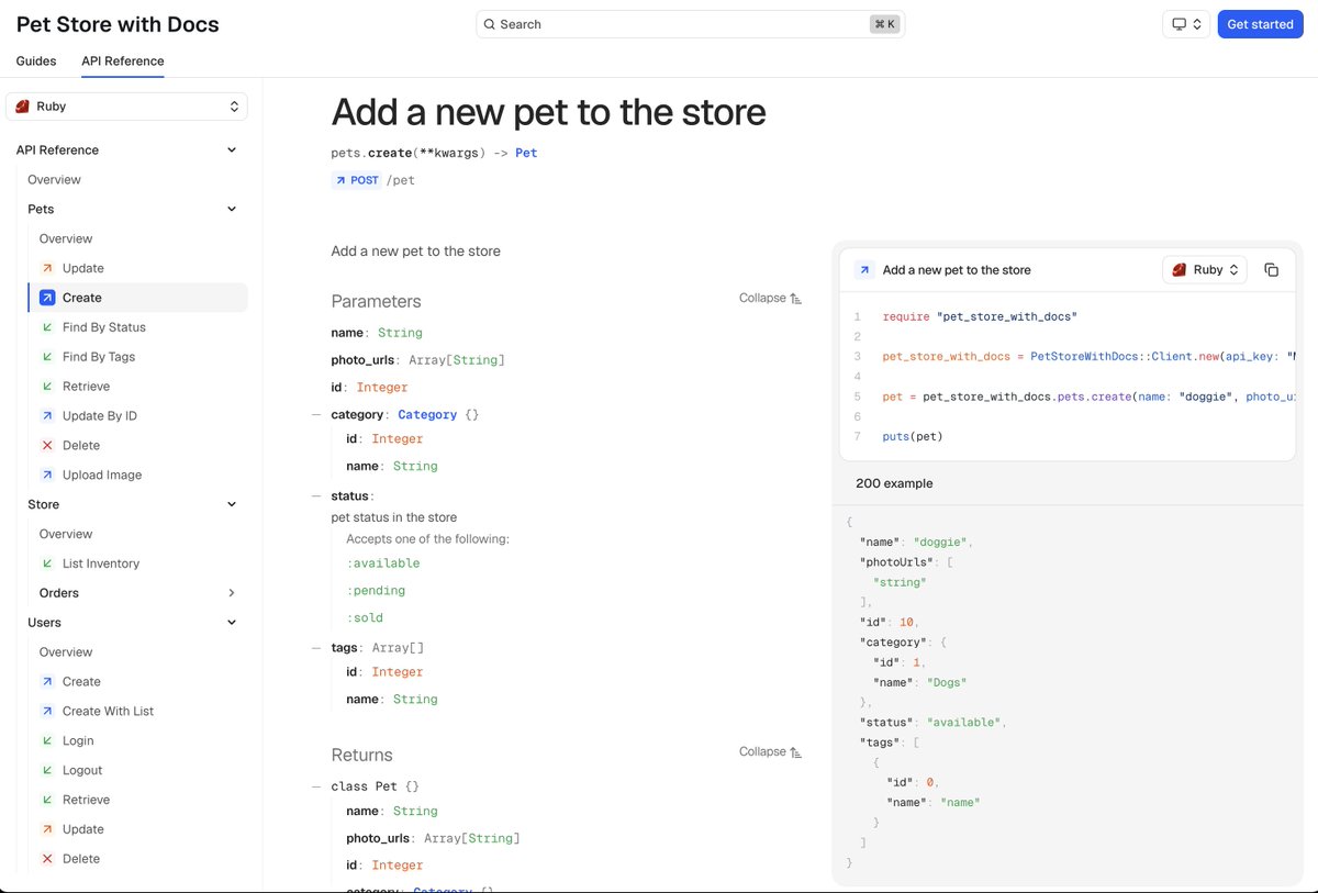 kevinwhinnery's tweet image. Each page in the API reference has a language-specific version, all generated automatically from your OpenAPI spec and Stainless config.

👏no👏more👏manual👏code👏snippets!👏

Every time you update your API, this documentation is updated.