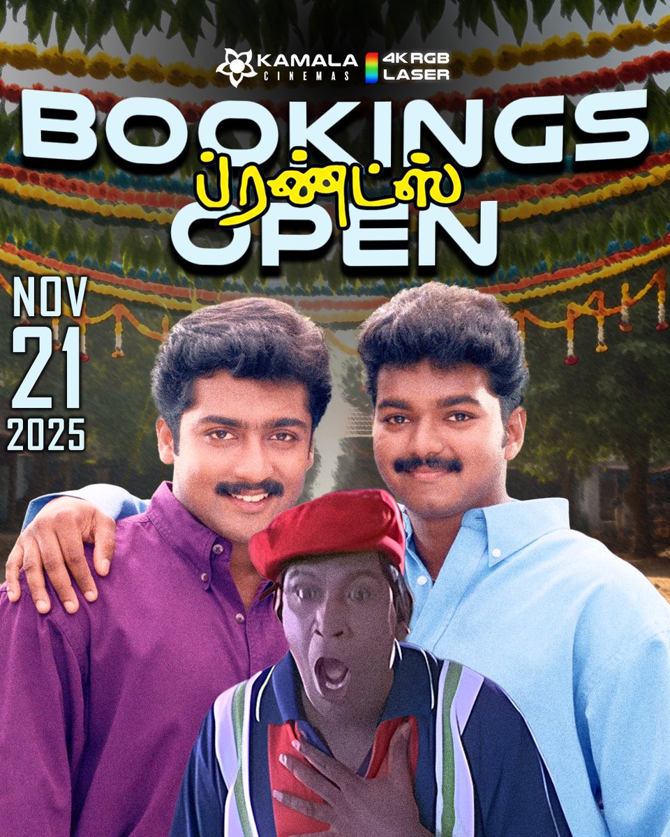 kamala_cinemas's tweet image. Friends bookings are now open at your Kamala RGB Laser Main Screen ! 

Kamala has always been the first to celebrate any re-release and this one is no different 🧨

#Friends #Thalapathy @actorvijay @Suriya_offl #Suriya