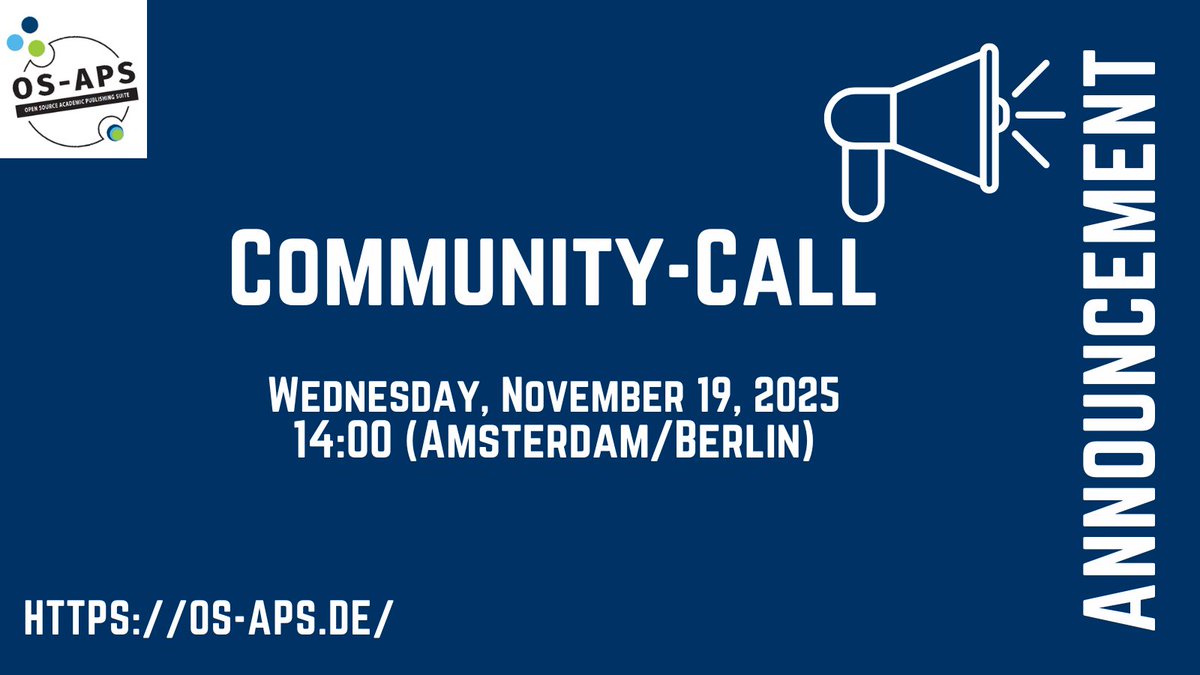 A further OS-APS Community-Call takes place on november 19, 2025, at  2 pm CET. There will be a general introduction to the software with a  demo. The link to the video converence via Zoom ist available under  os-aps.de/en/participate…. #OA