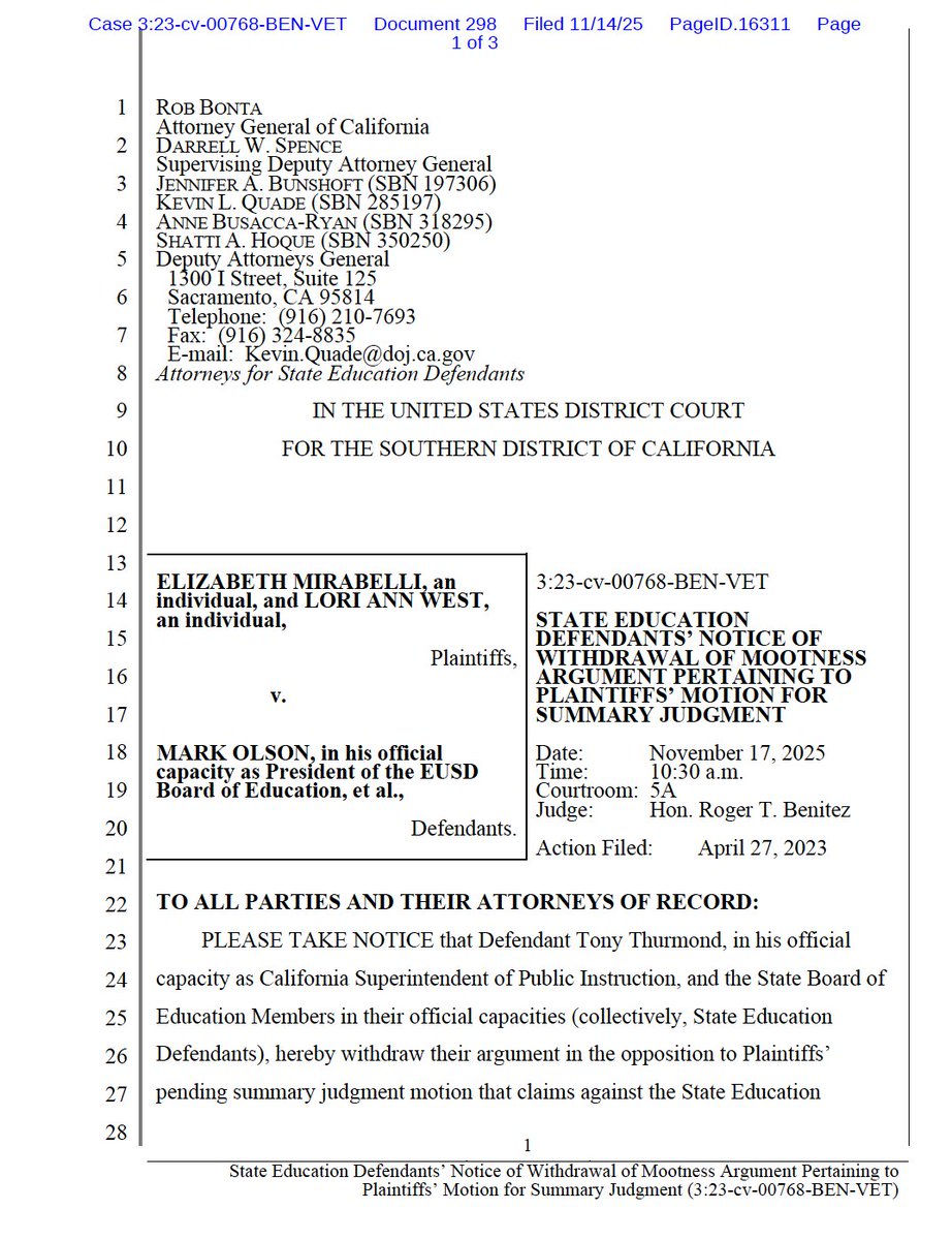 🚨 Late Friday, on the cusp of our Summary Judgment hearing — happening today — in Mirabelli v. Olson, California's education officials, represented by the California AG, claimed the inclusion of gender secrecy directives in mandatory teacher trainings was "simply an error"...