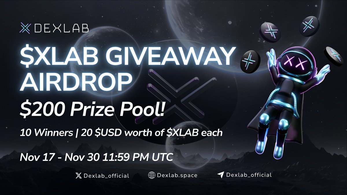 Dexlab_official's tweet image. Dexlab 4th $XLAB Giveaway Airdrop! 🧬

💸 Rewards:
🏆 10 winners × $20 each in $XLAB (Total $200)

How to join:
1⃣ Follow
@Dexlab_official
2⃣ Join our Telegram 👉 t.me/Dexlab_official
3⃣ Retweet this post with the caption:
&quot;Launch. Elevate. Moon. — Your Token Journey Starts on…