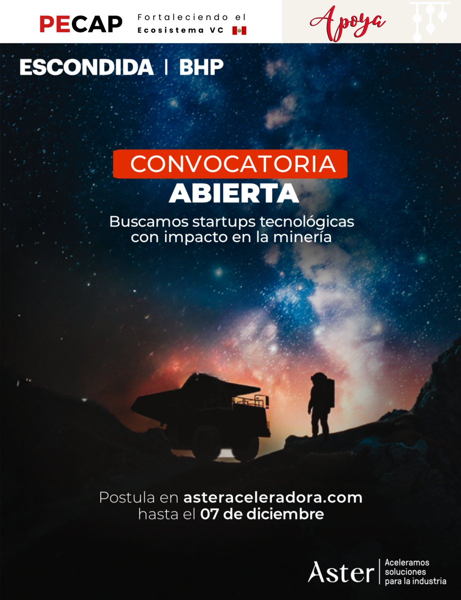 🚀¡Acelera tu startup hacia el futuro de la minería!
Comenzó la 8va Convocatoria de Aster, programa de aceleración, la cual llega para conectar talento e innovación, abriendo oportunidades reales para escalar soluciones que están cambiando la industria
📅asteraceleradora.com/postulacion