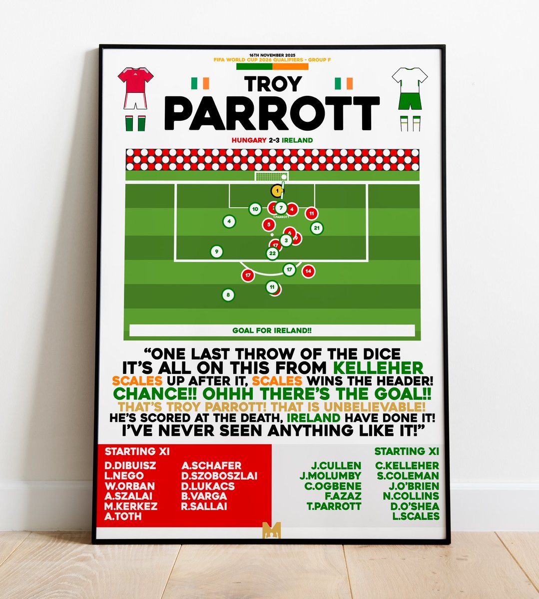 IrishPropaganda's tweet image. 🇮🇪FRAMED PRINT GIVEAWAY🇮🇪

IRELAND ARE IN WORLD CUP PLAY-OFFS🇮🇪

We’ve partnered with @MezzalaDesigns to giveaway a Framed Print of Troy Parrotts Winner v Hungary!🇮🇪⭐ 

To enter: 
🤝 Follow @IrishPropaganda  &amp;amp; @MezzalaDesigns 
🔄 RT this Post 
🏷️Tag a Friend 

#COYBIG