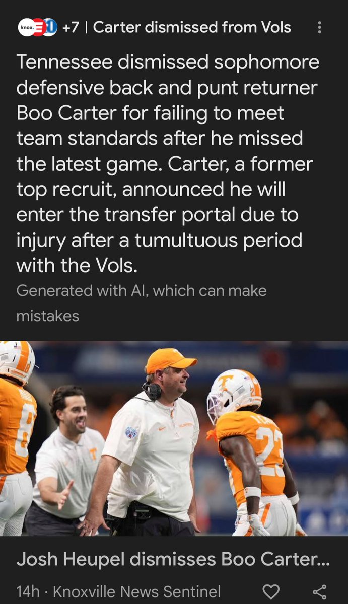 Boo Carter, All SEC freshman defensive back last year, and graduate of my HS alma mater, has been dismissed from the Vols. 
He's been toying with <a href="/DeionSanders/">COACH PRIME</a> and Colorado all year and will enter the transfer portal.
Heupel made the announcement after Carter missed Saturday's