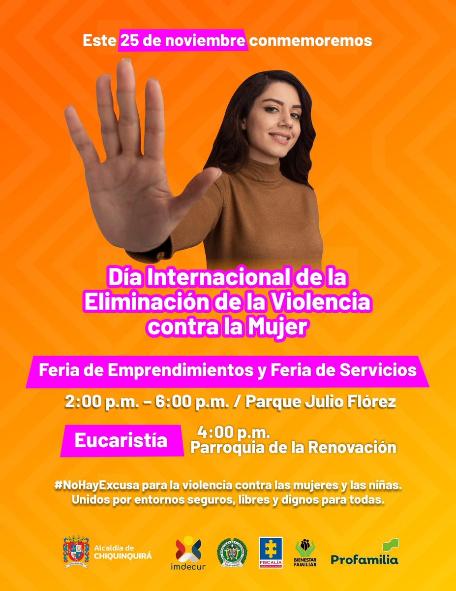 ChiquinquiraALC's tweet image. ¡Únete a la Conmemoración del #25N en Chiquinquirá! 💜
Este 25 de noviembre , alzamos nuestra voz en el Día Internacional de la Eliminación de la Violencia contra la Mujer .
Participa de la feria de servicios y emprendimientos. 
¡#NoHayExcusa para la violencia contra las mujeres!