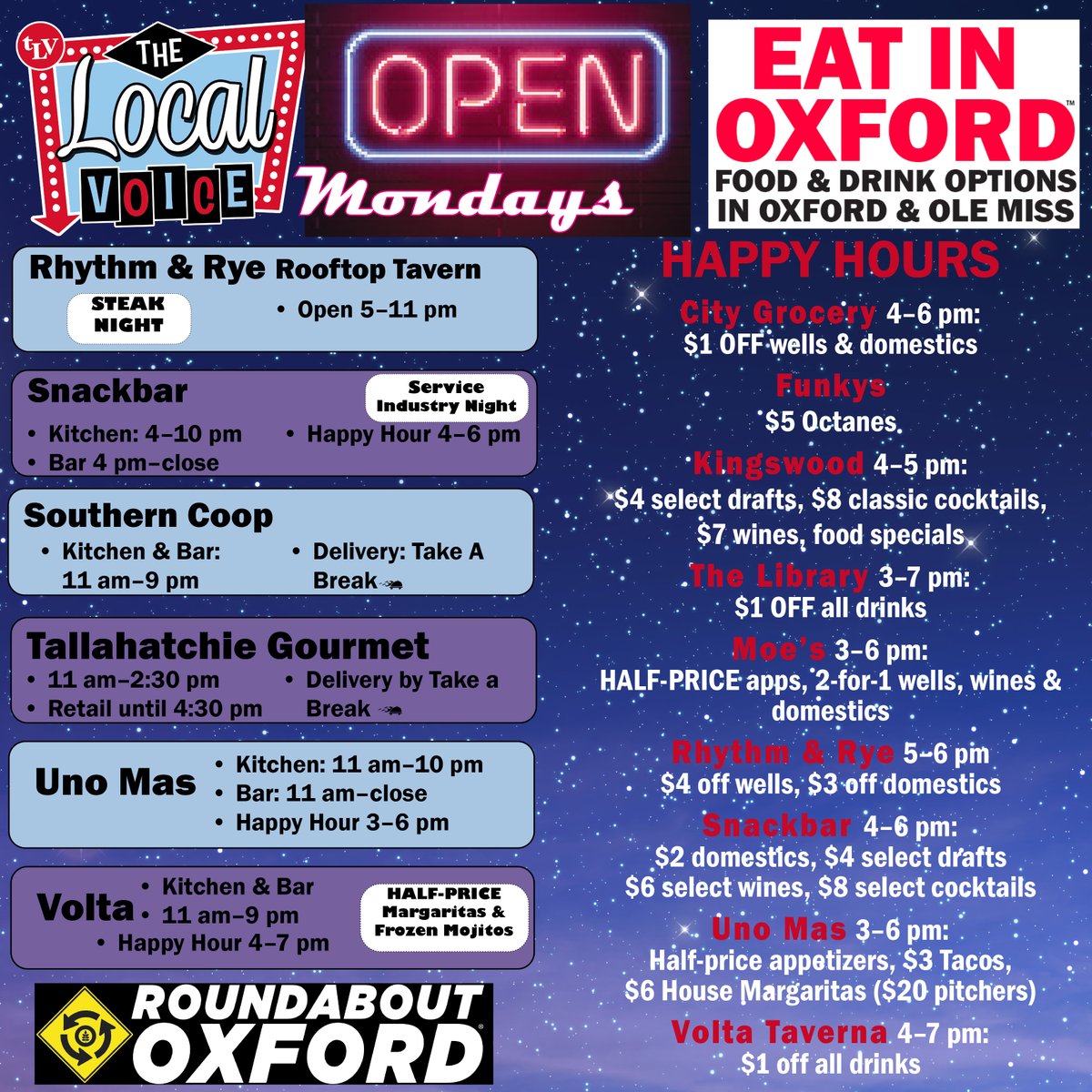 TheLocalVoice's tweet image. EAT IN OXFORD: Monday, November 17, 2025 Food &amp;amp; Drink Options + ROUNDABOUT OXFORD®: Entertainment in Oxford &amp;amp; Ole Miss

thelocalvoice.net/oxford/?p=1535…