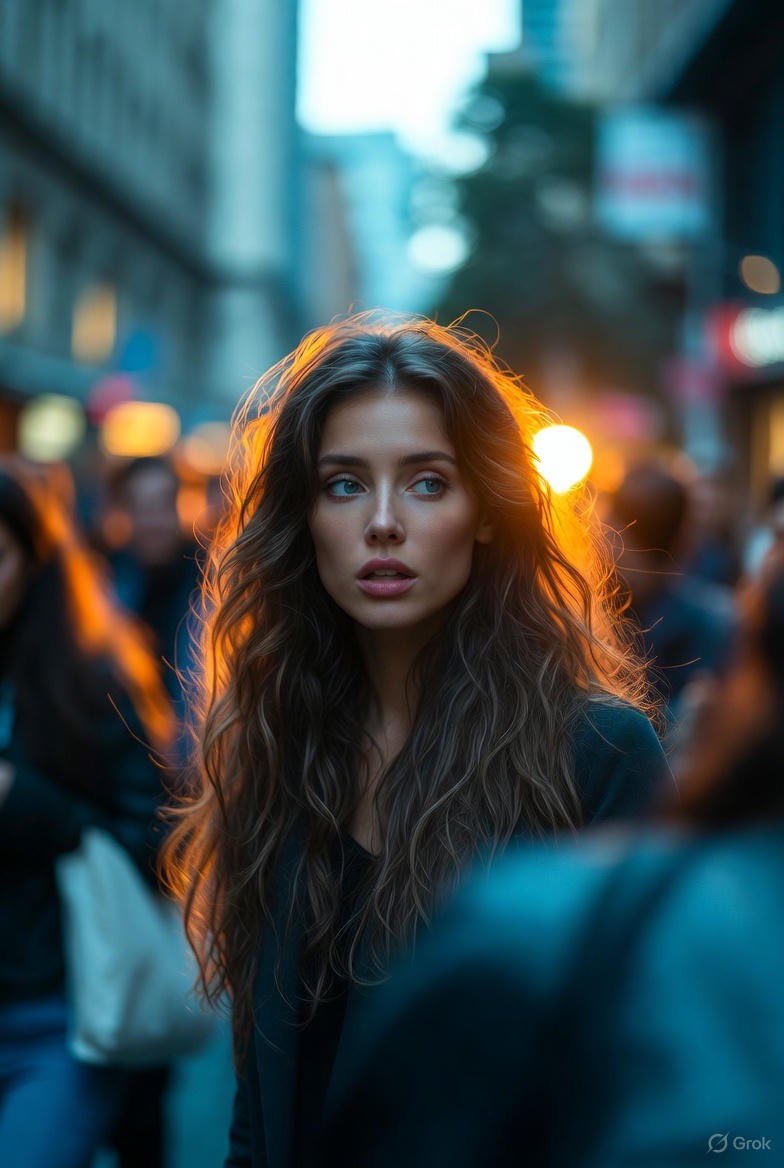 xmliisu's tweet image. Grok AI

Prompt:

{
  &quot;description&quot;: &quot;Cinematic street photography of a beautiful woman frozen mid-action in a busy city street.&quot;,
  &quot;subject&quot;: {
    &quot;type&quot;: &quot;Beautiful woman&quot;,
    &quot;hair&quot;: &quot;Long wavy hair&quot;,
    &quot;action&quot;: &quot;Suddenly pauses mid-action&quot;,
    &quot;expression&quot;: &quot;Confused…