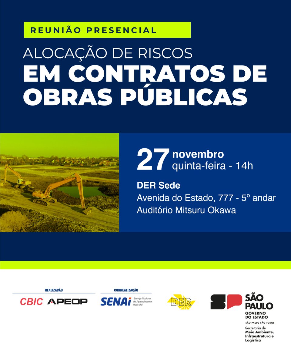 No dia 27/11, às 14h, na sede do <a href="/_dersp/">DER-SP</a>, a COINFRA da <a href="/cbicbrasil/">CBIC</a> fará a apresentação do estudo “Alocação de Riscos em Contratos de Obras Públicas” ao DER-SP e às empresas construtoras e projetistas.

Inscrições antecipadas e obrigatórias através do link: forms.gle/iH7RjkhE4XzEaB…