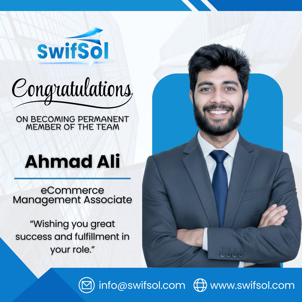 HelloSwifSol's tweet photo. Congratulations, Ahmad Ali!

We’re thrilled to announce that Ahmad Ali has officially become a permanent member of the SwifSol team as our eCommerce Management Associate. https://t.co/Pk3SdhOBkF
