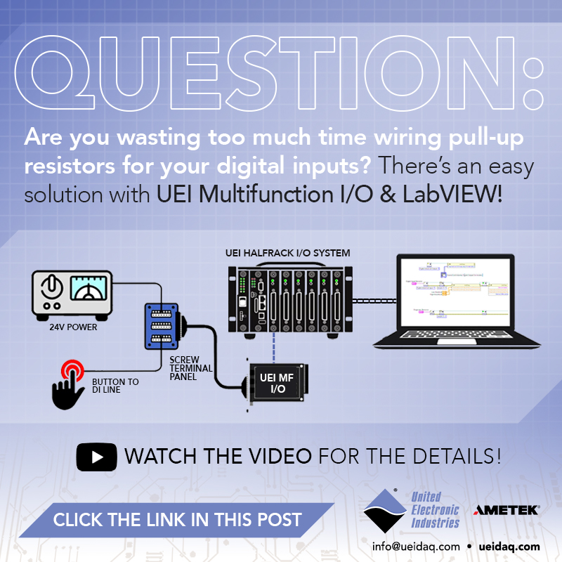 UEIDAQ's tweet image. Stop wiring pull‑up resistors! UEI I/O boards have them built in — and enabling them in LabVIEW takes just a few clicks.  Quick demo by UEI’s Greg Armstrong: youtu.be/KsX9NQGhs_o

#EmbeddedSystems #LabVIEW #DigitalIO #UEI #EngineeringTips