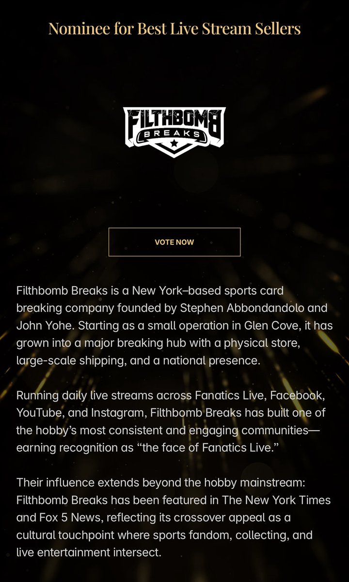REMINDER!

Please vote for Filthbomb Breaks as Best Live Stream Sellers in the <a href="/onMantel/">Mantel</a> | <a href="/YahooSports/">Yahoo Sports</a> Hobby Awards!

Your votes mean everything to our team. We want to bring this one home for our breakers who strive and work hard everyday to be the most knowledgeable,