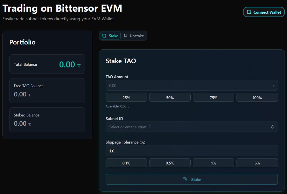 New EVM trade dashboard

Friction is the enemy of adoption. We just eliminated a major barrier to leverage trading on Bittensor.

Introducing the new Tenex EVM Trading Portal.

Now, anyone can trade and stake subnet tokens directly from their EVM wallet.
No complex