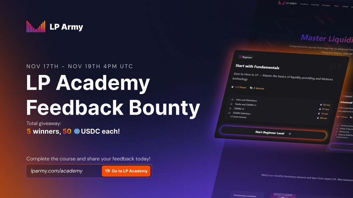 📢 LP Academy – Feedback Bounty is LIVE!

Help us level up the LP Academy and get rewarded for your insights! 

🗓 Campaign Window:
Start: 17 Nov, 4PM UTC
End: 19 Nov, 4PM UTC

🎁Rewards: 
5 winners × $50 each

Your feedback helps shape LP Academy into a better space for all
