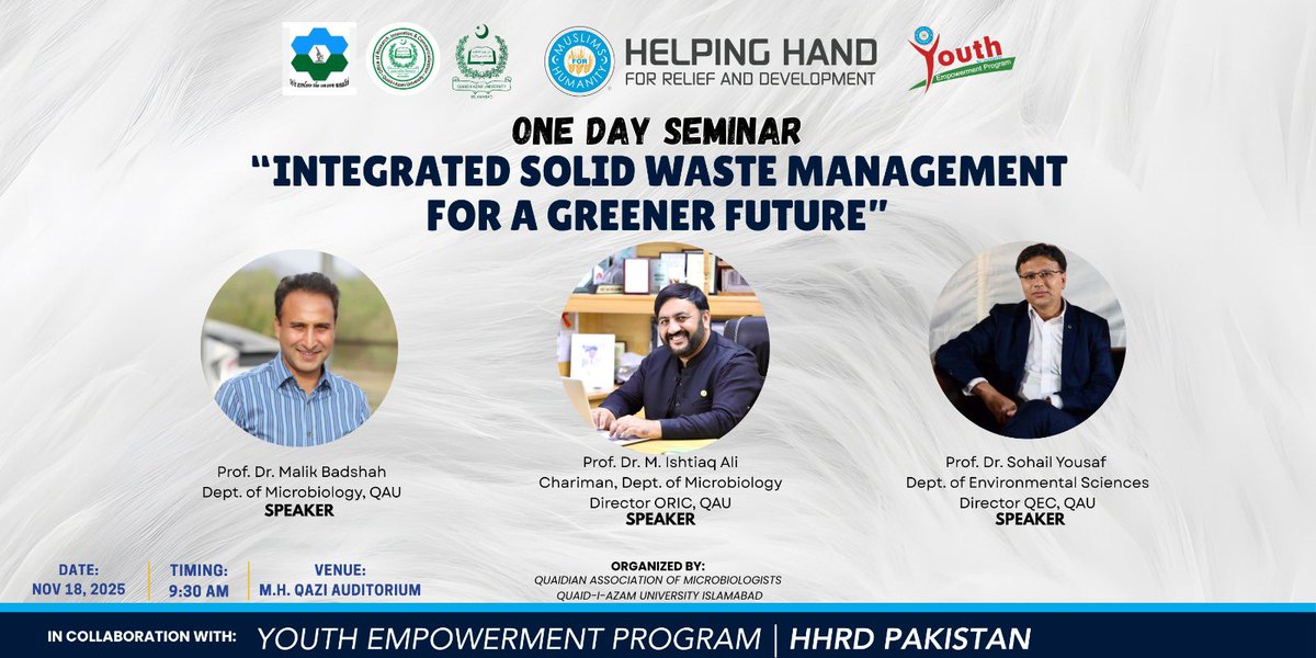 ishiali's tweet photo. You are invited to an attend an insightful One-Day Seminar on "Integrated Solid Waste Management for a Greener Future."

· Date: November 18, 2025
· Time: 9:30 AM
· Venue: M.H. Qazi Auditorium, Quaid-i-Azam University, Islamabad https://t.co/m91vlmMdbB