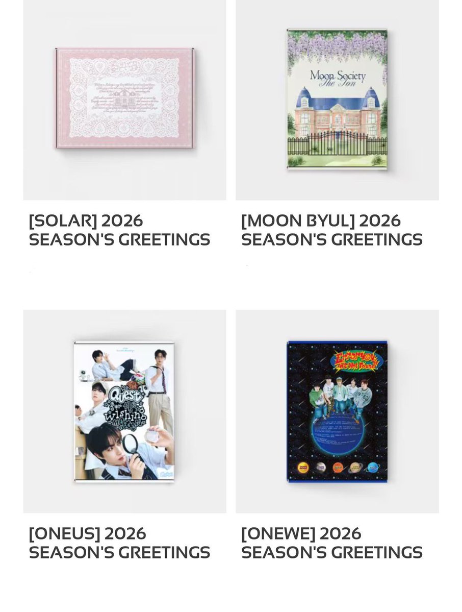 kpopfans_claim's tweet image. RBW Artists 2026 Season&apos;s Greetings

💰 1 SG + 1 set bizent POB - RM155 each exclude local postage only

Artist
MAMAMOO SOLAR / MAMAMOO MOON BYUL / ONEUS / ONEWE

#mamamoo #pasarmamamoo @PasarMamamoo 
#oneus #pasaroneus 
#onewe #pasaronewe