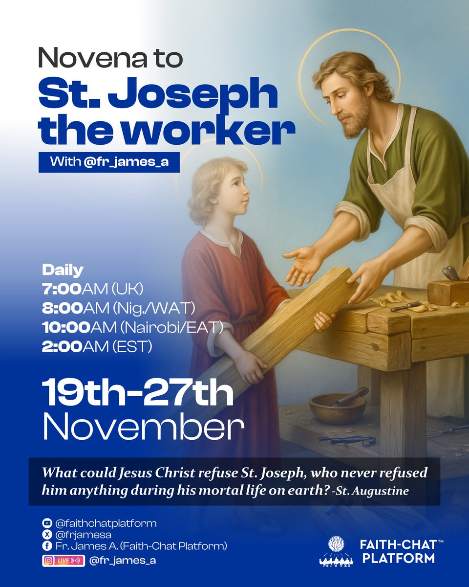 frjamesa's tweet image. Kindly join us as we begin the Novena to St. Joseph the Worker. 
19th - 27th November. 

Intentions:
Employment, Safety at work, Promotion at work, Peace at work 
Marital settlement, Marital issues, Peace at home, Reconciliation with family 

Let us go to Joseph !