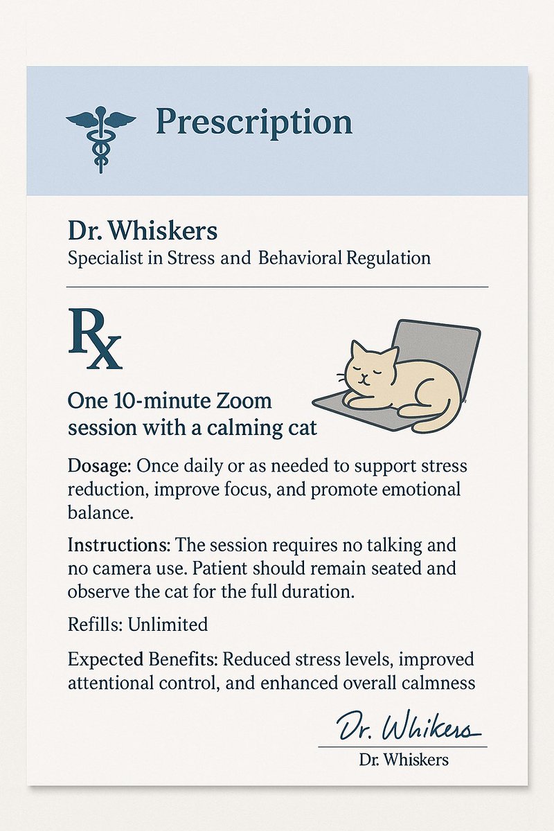 paniaguai's tweet image. A new kind of prescription: 10 minutes of watching a calm cat on Zoom.
No talking. No camera. Just reset your brain. Reduces stress, improves focus.
Simple science. Real results. Here are clean, effective hashtags for that X post:
#Wellness @thecatrub