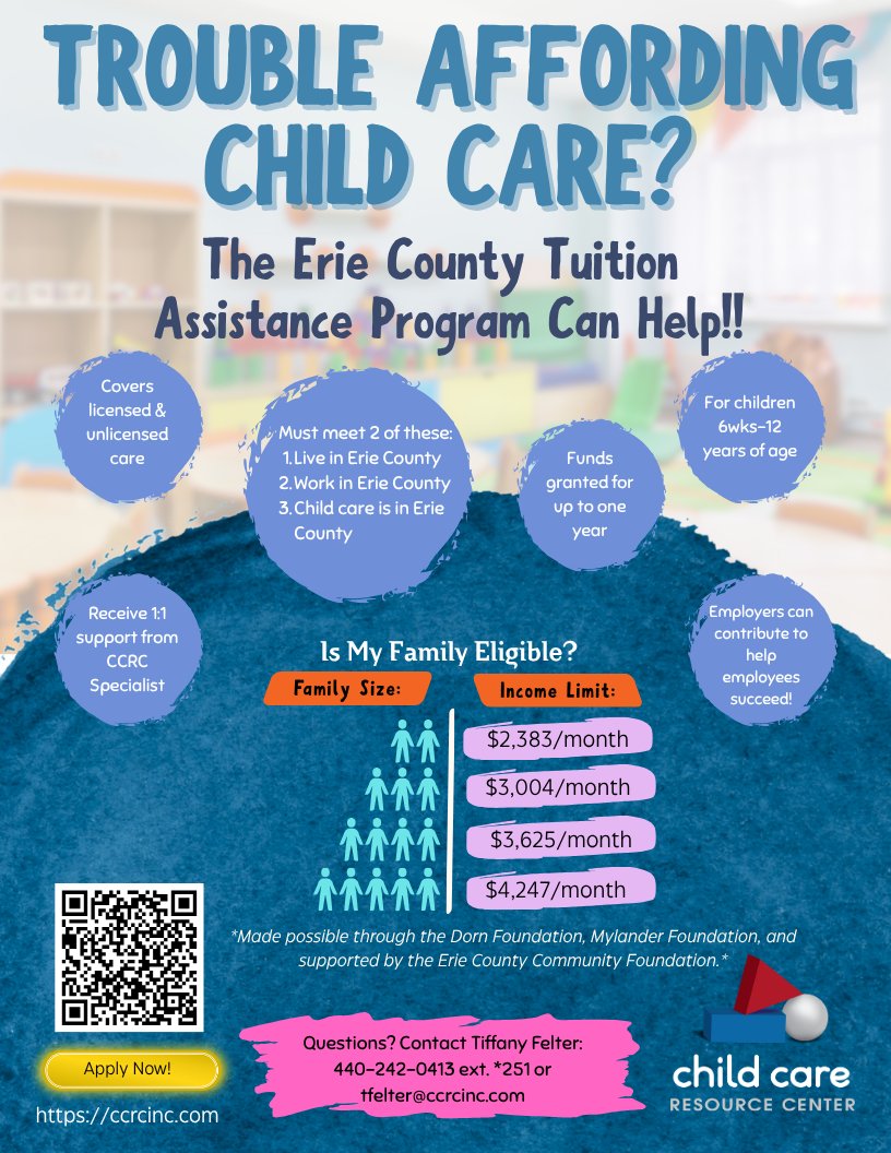 ccresourcectr's tweet image. ✨ Trouble affording child care? We can help! ✨

The Erie County Tuition Assistance Program (ETAP) is here to support families with the cost of child care for children ages 6 weeks – 12 years. *See flyer for details*

Apply at: 
ccrcinc.com