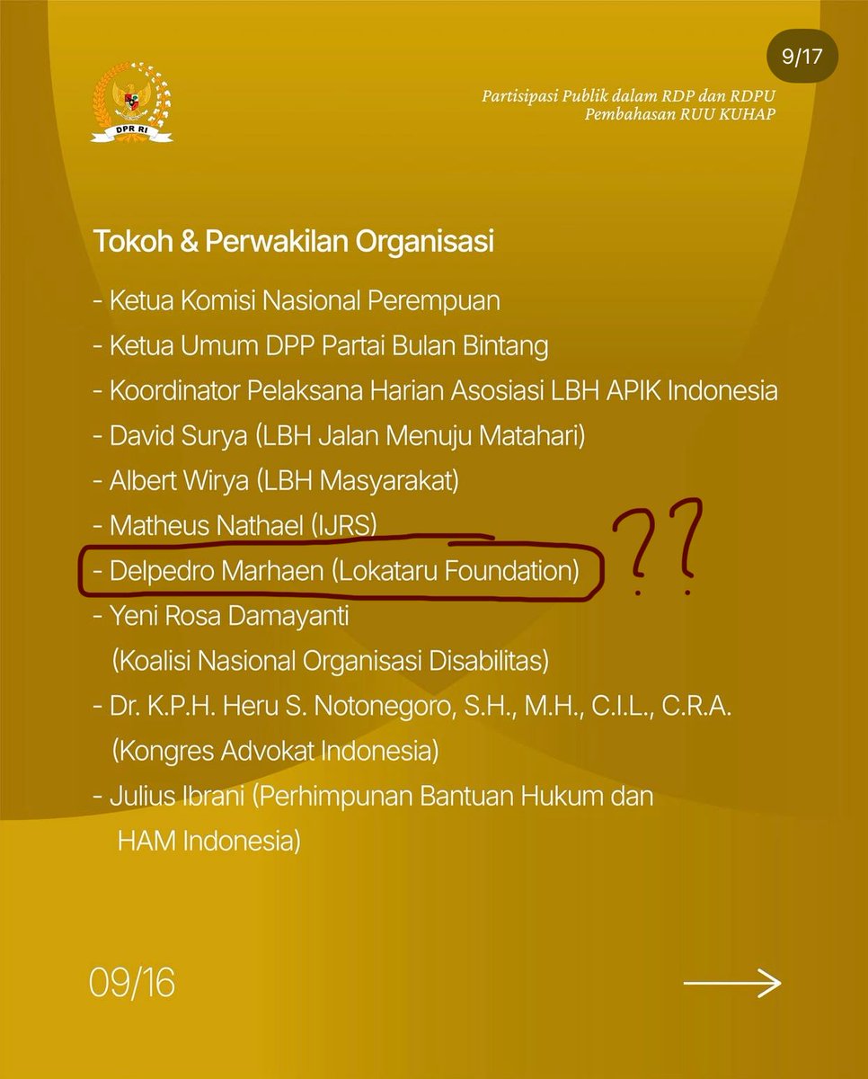 barengwarga's tweet image. iseng ngecek postingan @DPR_RI terkait laporan partisipasi publik dalam RKUHAP.

EH TAPI KENAPA ADA NAMA DELPEDRO MARHAEN DAH??? KAN ORANGNYA LAGI DITAHAN NJIR??? 😭😭

Timelinenya yak:
- Pedro ditangkap (1 September 25 - now)
- RDPU RKUHAP di DPR (29 September 25)

#TolakRKUHAP