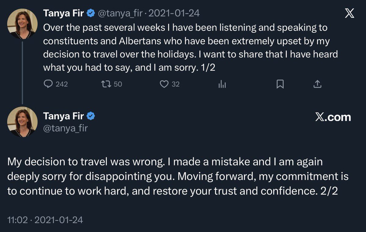 Great news Alberta!

Tanya for has apologized ... 

... for getting caught.

Again.

And for doing something she should know by now is wrong.

And expressing the very sentiment UCP MLAs have about Albertans who oppose our policies.

Read: 
ctvnews.ca/calgary/articl…
#abpoli #ableg