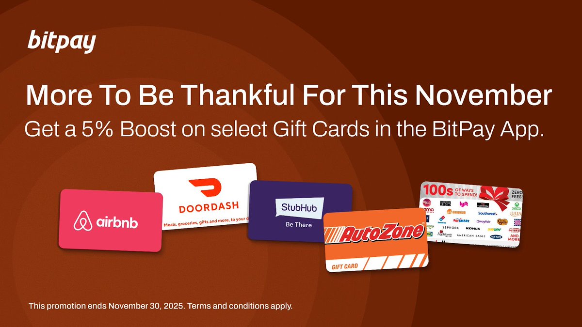 BitPay's tweet image. 🆕 New boosted gift cards are available!
Receive a 5% boost on select Gift Cards only in the BitPay app. Now through November 30, 2025. 
Don’t have the BitPay App yet? 

📱Download the app here: bitpay.onelink.me/Cenw/giftcards

Terms of Use: bitpay.com/legal/terms-of…
Terms and Conditions:…