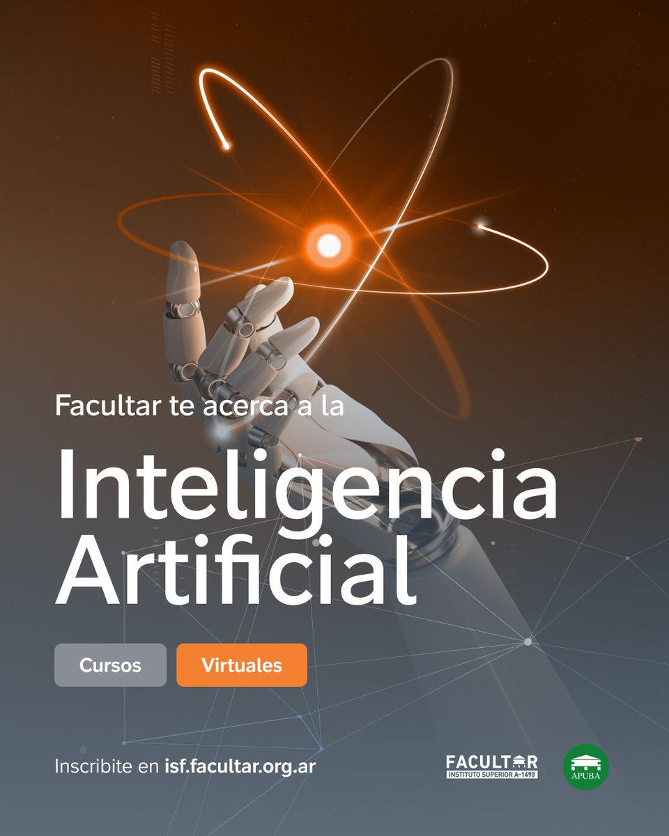 Facultar's tweet photo. 🤖 ¡Descubrí los nuevos cursos de Inteligencia Artificial!

✅ Introducción a la Inteligencia Artificial
✅ Inteligencia Artificial para Docentes
✅ Enseñar con TIC

¡No te los pierdas!

👉 Conocé más e inscribite ingresando a https://t.co/PlZzpftsUQ https://t.co/kUeAUtwNko