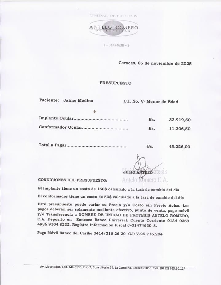 MamaLisVzla's tweet image. Jaime nos necesita, él es paciente de retinoblastoma, y perdió un ojito. Por no haber podido cambiar la prótesis, la cavidad ocular ha crecido debe ser operado.
Necesitamos reunir lo más pronto posible $300 para pagar el implante, el conformador y los insumos.
Quienes puedan…