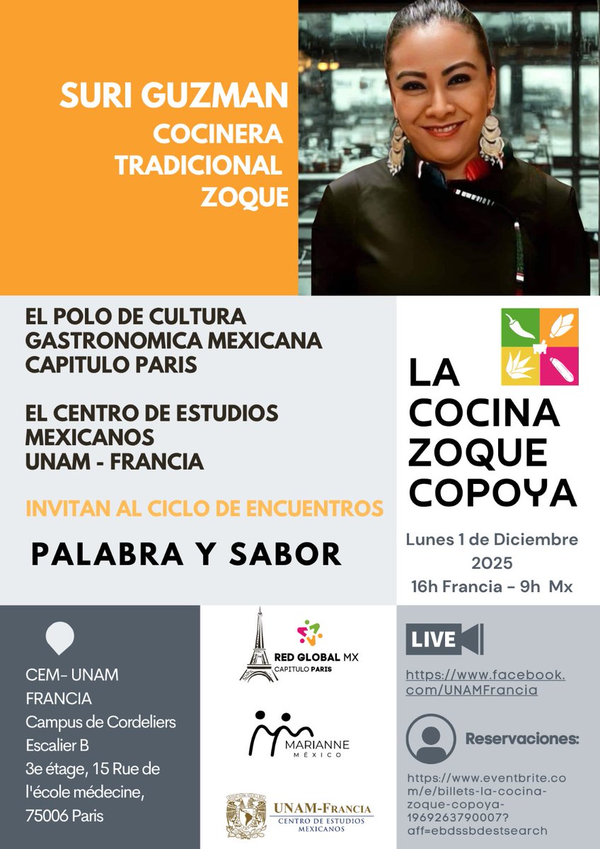 ✨Te invitamos al conversatorio  “𝐏𝐚𝐥𝐚𝐛𝐫𝐚 𝐲 𝐒𝐚𝐛𝐨𝐫: 𝐋𝐚 𝐂𝐨𝐜𝐢𝐧𝐚 𝐙𝐨𝐪𝐮𝐞 𝐂𝐨𝐩𝐨𝐲𝐚” 
Organizado por el Polo de Cultura Gastronómica Mexicana del Capítulo París <a href="/RedGlobalMX/">RedGlobalMX</a> y el CEM Francia
🗓️Lunes 1 de diciembre, 2025
⌚️16.00 hrs 🇫🇷  09.00 hrs🇲🇽
REGISTRO👇