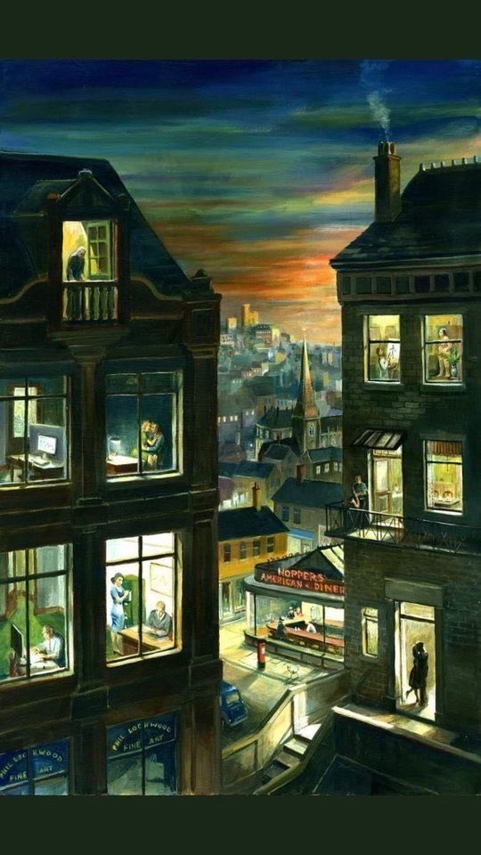 HWarlow's tweet image. Phil Lockwood 
Former Sheffield Art teacher now retired and creating his own work 
Many folk have been fooled by this one 
No it’s not Edward Hopper it Mr Lockwoods art 
Bottom left.  His name on the shop blinds