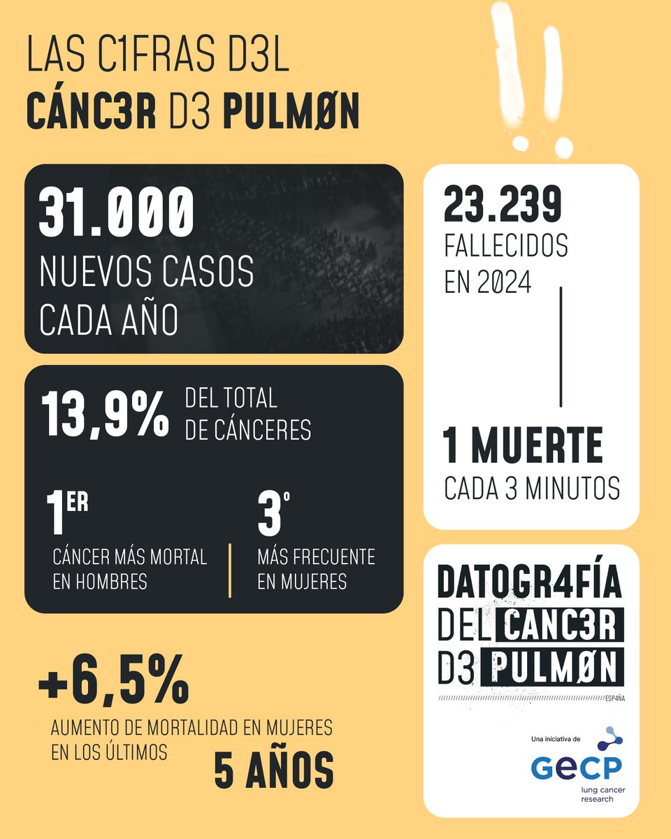⭕Hoy en el #DiaMundialdelCancerdePulmon, recordamos que es el tumor con mayor mortalidad en España:
👉31.000 nuevos casos y 23.239 fallecimientos cada año, lo que supone 1 muerte cada 3 minutos. Detrás de cada cifra hay una vida y una familia.

🙌La investigación ya está