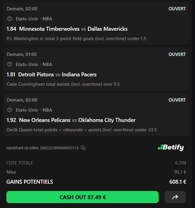 Paul26NBA's tweet photo. [#NBA🏀]📆17/11

PJ Washington -1,5 3 pts &amp; Cunnimgham 10 Passes &amp; Derik Queen -23,5 PRP 6.39

Combi Fun ⬇️

❤️♻️si tu suis 

#TeamParieur #pronostic https://t.co/gq0byMJLwc