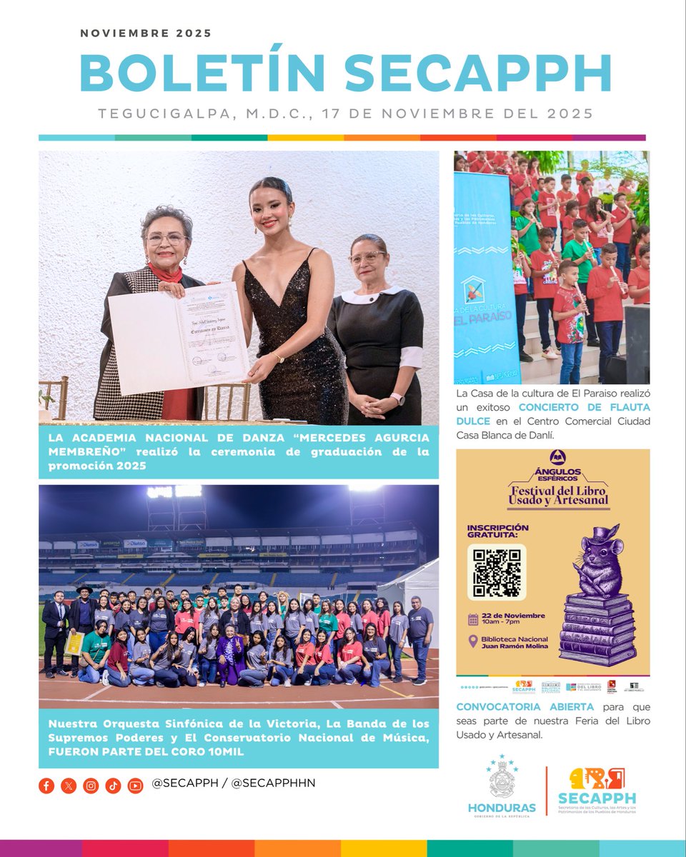SECAPPH's tweet image. #SECAPPHHoy 🗞️✨| Mantente al día de todo lo que acontece en la SECAPPH, te compartimos nuestro boletín informativo de la semana. 

🎶🎼¡Arte y cultura para el desarrollo de Honduras! 🎭🖌️🖼️🎨

#SECAPPH #Artes #Culturas #EducaciónArtística #Patrimonios #Honduras