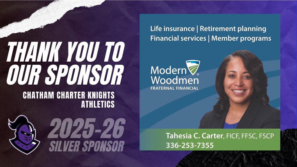 We’re proud to recognize Tahesia Carter, Financial Representative with Modern Woodmen, as a Silver Sponsor of Chatham Charter Athletics! Thank you for investing in our athletes and in the future of our community.⚔️