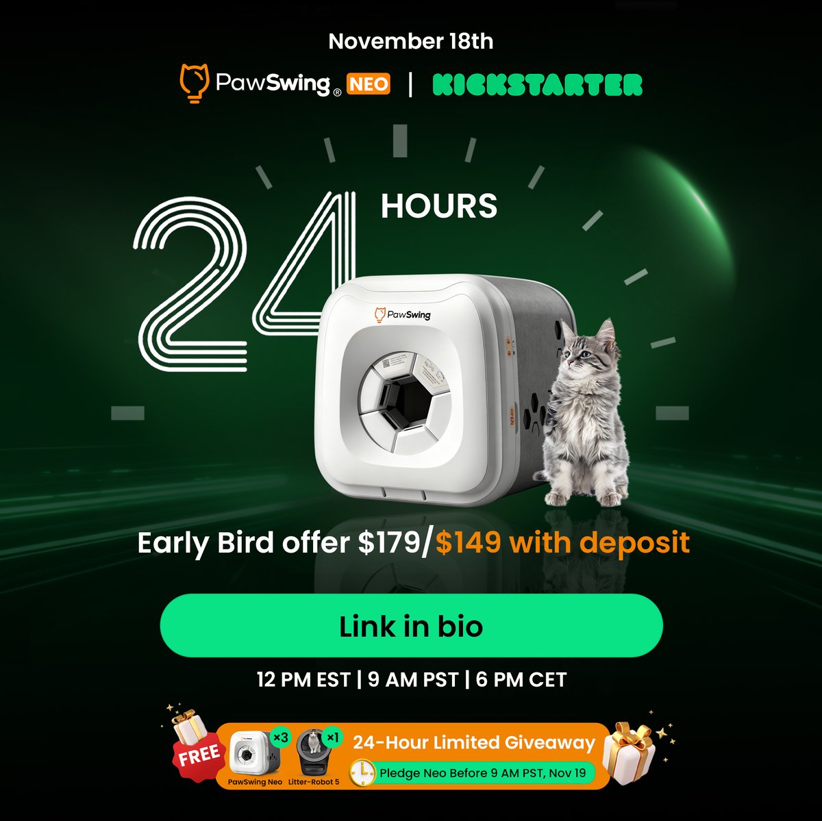 Pawswing's tweet photo. ⏳ 24 HOURS CALLING! ⏳
PawSwing Neo officially launches tomorrow on Kickstarter!
💥 VIP Early Bird: $149 with $9 deposit (original $179)
🎁 Place your order to enter our launch-day gift draw!
🕛 Launch Time: Nov 18, 9 AM PST
Link in bio #PawSwing #PawSwingNeo https://t.co/RAqmRJzZ4O