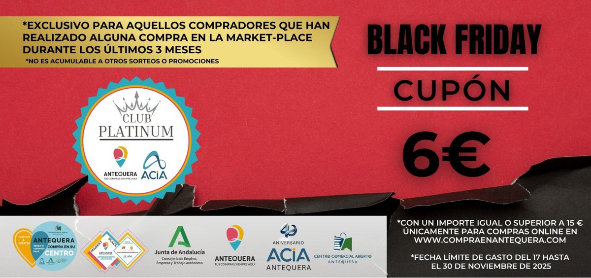 ¡Llega el Black Friday!

😎Los distinguidos pueden gastar desde hoy, 17 de noviembre, su cupón al hacer sus 🛍️ compras de forma online a través de compraenantequera.com

<a href="/AytoAntequera/">Ayuntamiento de Antequera</a> 
<a href="/EmpleoJunta/">Consejería de Empleo, Empresa y Trabajo Autónomo</a> 
#MarketPlaceAntequera
#ACIA 
#ComercioLocal