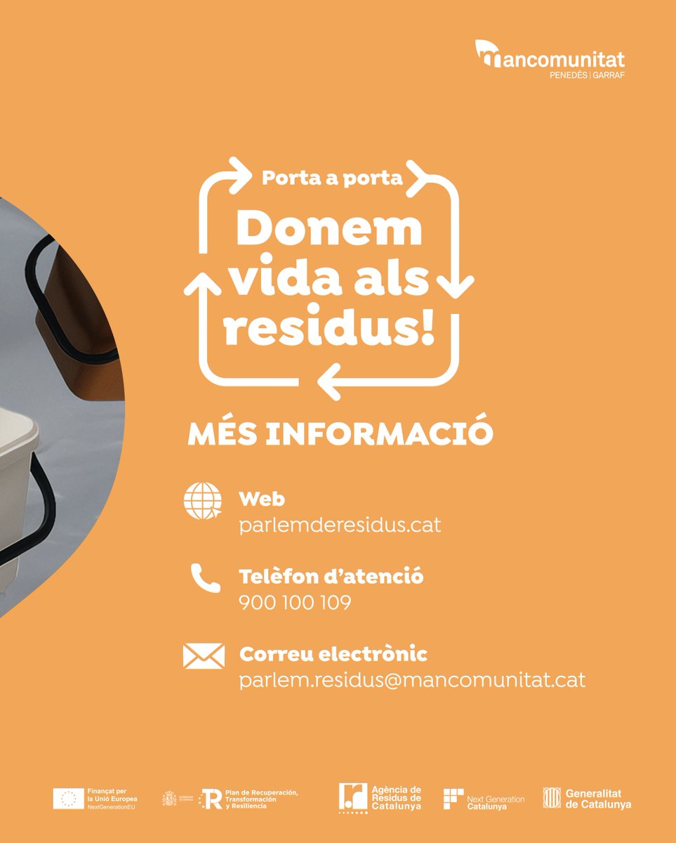 ℹ️ Recull els cubells, del 27 de novembre al 5 de desembre, a l'Ajuntament.

♻️ Recordem que la recollida de residus Porta a Porta començarà el 9 de desembre al #PladelPenedès

🔗 Més informació parlemderesidus.cat