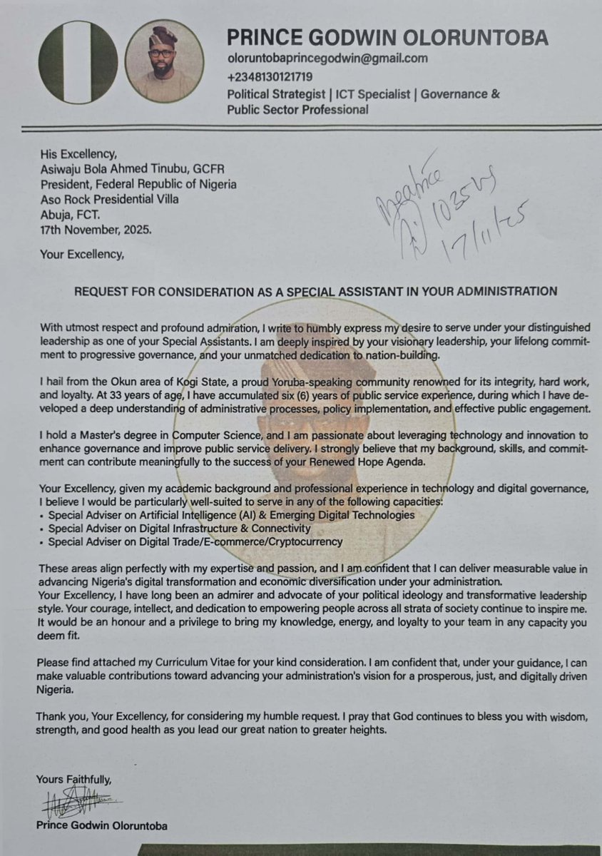 _princegodwin's tweet photo. Today, at the Presidential Villa to submit my letter to the President.
Dear H.E. @officialABAT,
I humbly pray that this letter reaches you &amp; receives your kind consideration. Thank you, Your Excellency, for your anticipated attention. May God bless the Federal Republic of Nigeria https://t.co/FKyXlNivc4