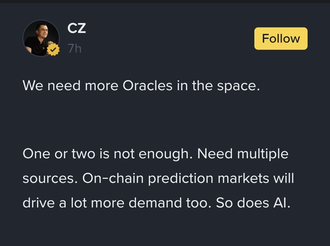 CZ: "We need more Oracles" 

<a href="/cz_binance/">CZ 🔶 BNB</a> just validated what we've been building.

Swarm's Truth Protocol about to hit different:
✅ Verify private data through AI swarms
✅ Work with autonomous agents
✅ Handle predictions
✅ Process real-world events