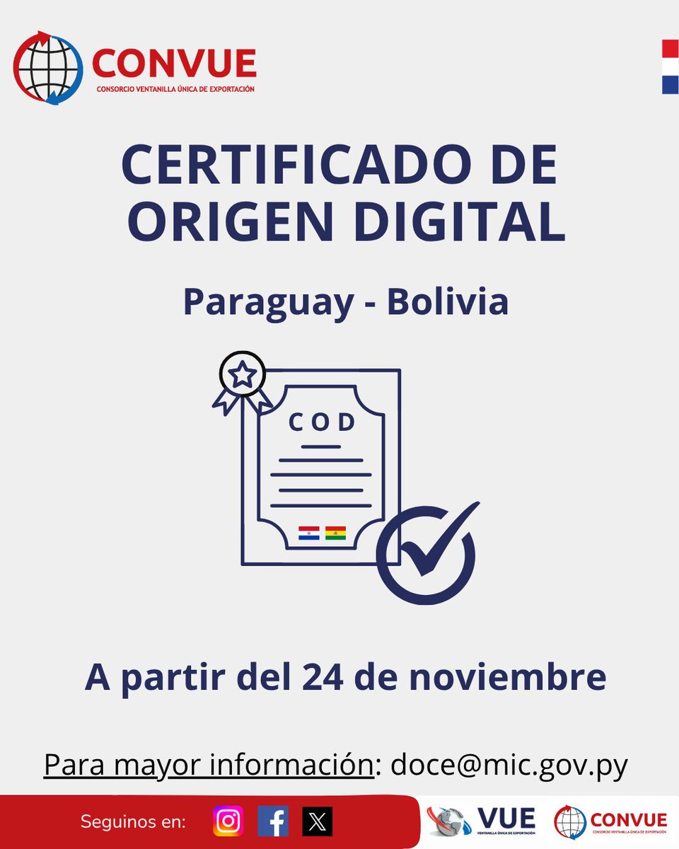 VUEParaguay's tweet image. A partir del 24 de noviembre, entrará en vigencia el Certificado de Origen Digital e/ Paraguay🇵🇾 y Bolivia🇧🇴
Una gran oportunidad para fortalecer la integración regional y facilitar la competitividad de nuestras empresas.
 #comercioexterior #Mercosur #certificadodeorigendigital