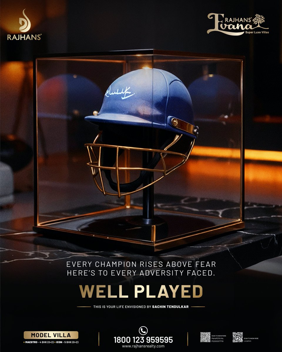 RajhansRealty's tweet photo. A tribute to the moments that define a champion. The journey is never easy, but the rewards are extraordinary.
Here's to every adversity faced.
WELL PLAYED.

#RajhansEvana #AnActiveLife #LuxuryResidences #CricketTurfLiving #ActiveLifestyle #WellnessLiving  #Wellplayed https://t.co/E1WrMql5vh