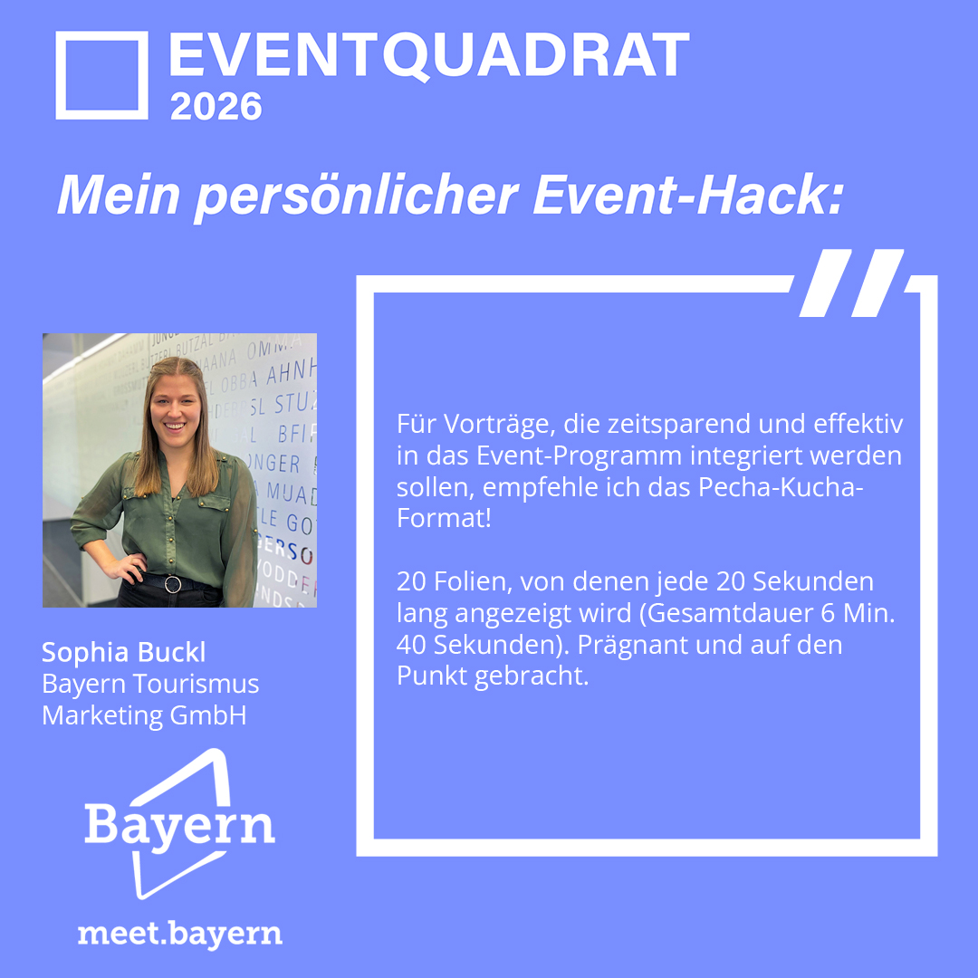 EVENTQUADRAT 2026 | Wir stellen Dir die teilnehmenden Anbieter vor

Sophia Buckl | Bayern Tourismus Marketing GmbH

Hier geht's zur Anmeldung für Planer:
eventquadrat.de 

#eventhack #eventprofs #mice #legacy #wandel #transformation #eventbranche #Kongressmanagement #EQ26