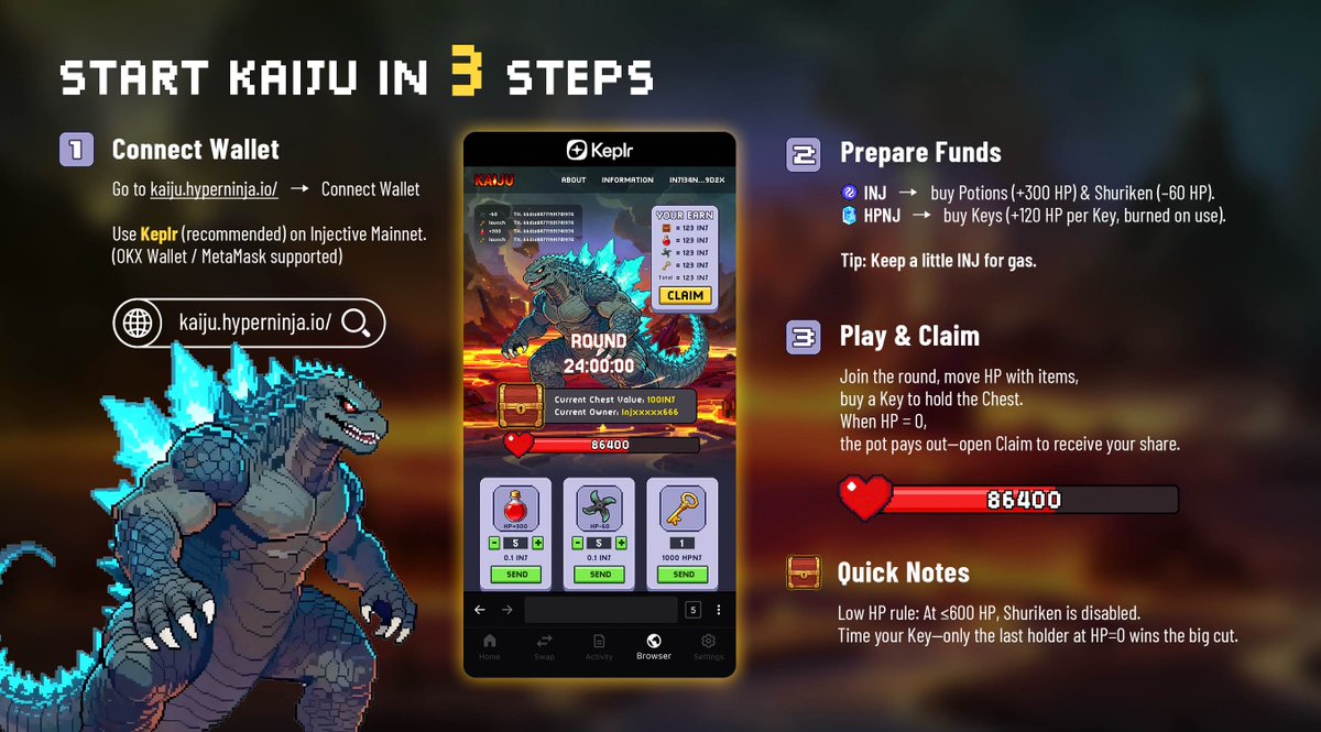 HyperNinja_INJ's tweet image. 🌋 KAIJU Awaits. Ready to Conquer? 🌋

👉 Start here: kaiju.hyperninja.io. 

Join the battle and claim your share of the growing prize pool! 🏆
🥷 Three simple steps to play:
1️⃣ Connect your wallet — Use @keplrwallet (recommended)
2️⃣ Prepare INJ &amp;amp; HPNJ.
3️⃣ Heal, strike, or…