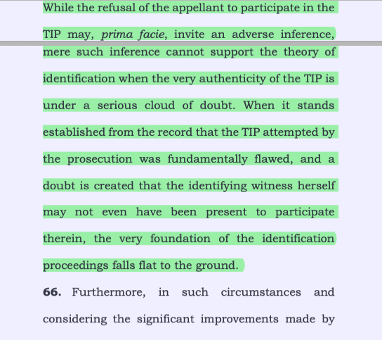 While the refusal of the accused to participate in the TIP may, prima facie, invite an adverse inference, mere such inference cannot support the theory of identification when the very authenticity of the TIP is under a serious cloud of doubt.

#SupremeCourtofIndia