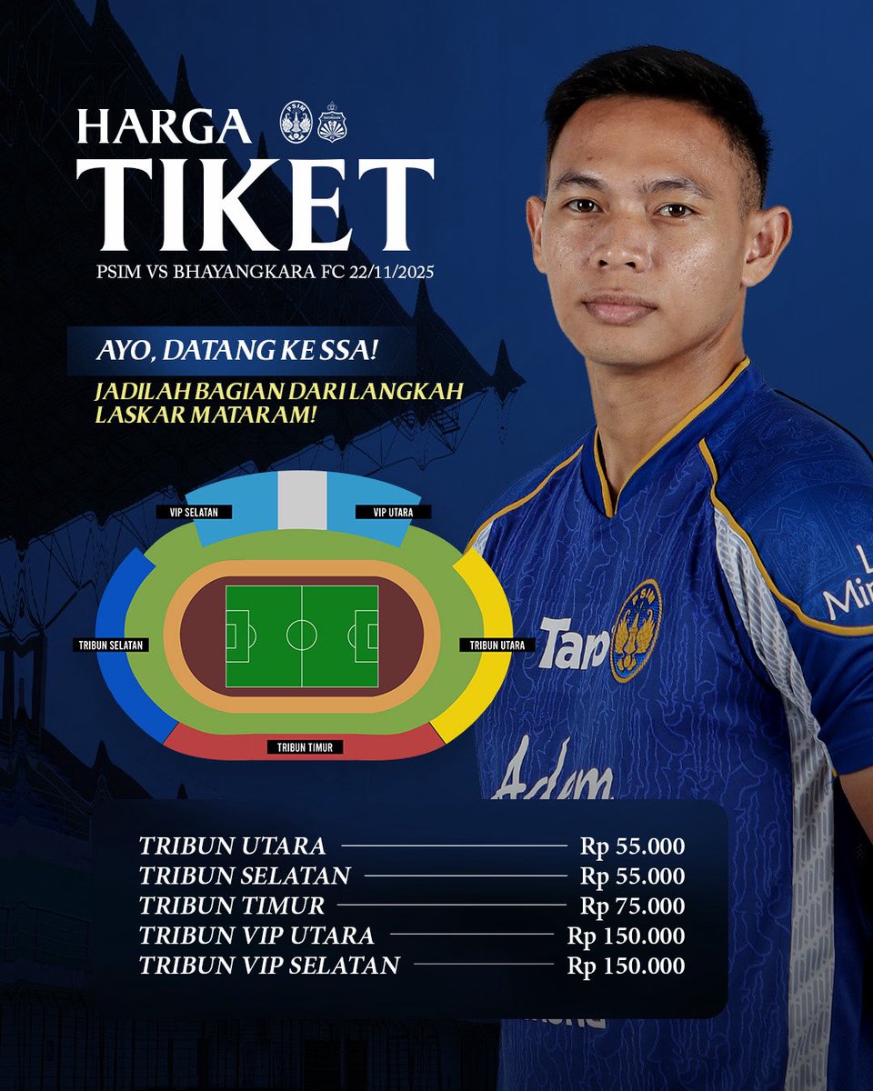 PSIMJOGJA's tweet image. Harga Tiket PSIM Jogja vs Bhayangkara FC‼️

📅 Sabtu, 22 November 2025

Informasi penjualan tiket offline/presale akan diumumkan melalui akun resmi @Brajamusti_YK dan @The_Maident. Sementara itu, detail mengenai penjualan tiket online akan diinformasikan menyusul.